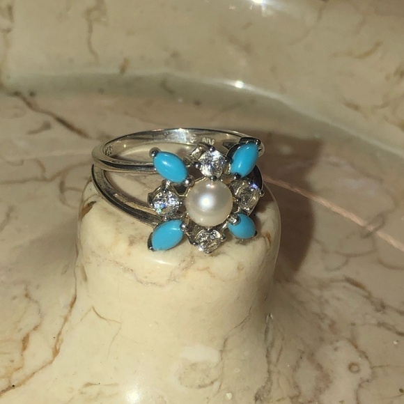 VTG Sterling Faux Turquoise Pearl White Cz Stone Flower Floral Ring Sz 8.75 - Picture 4 of 9